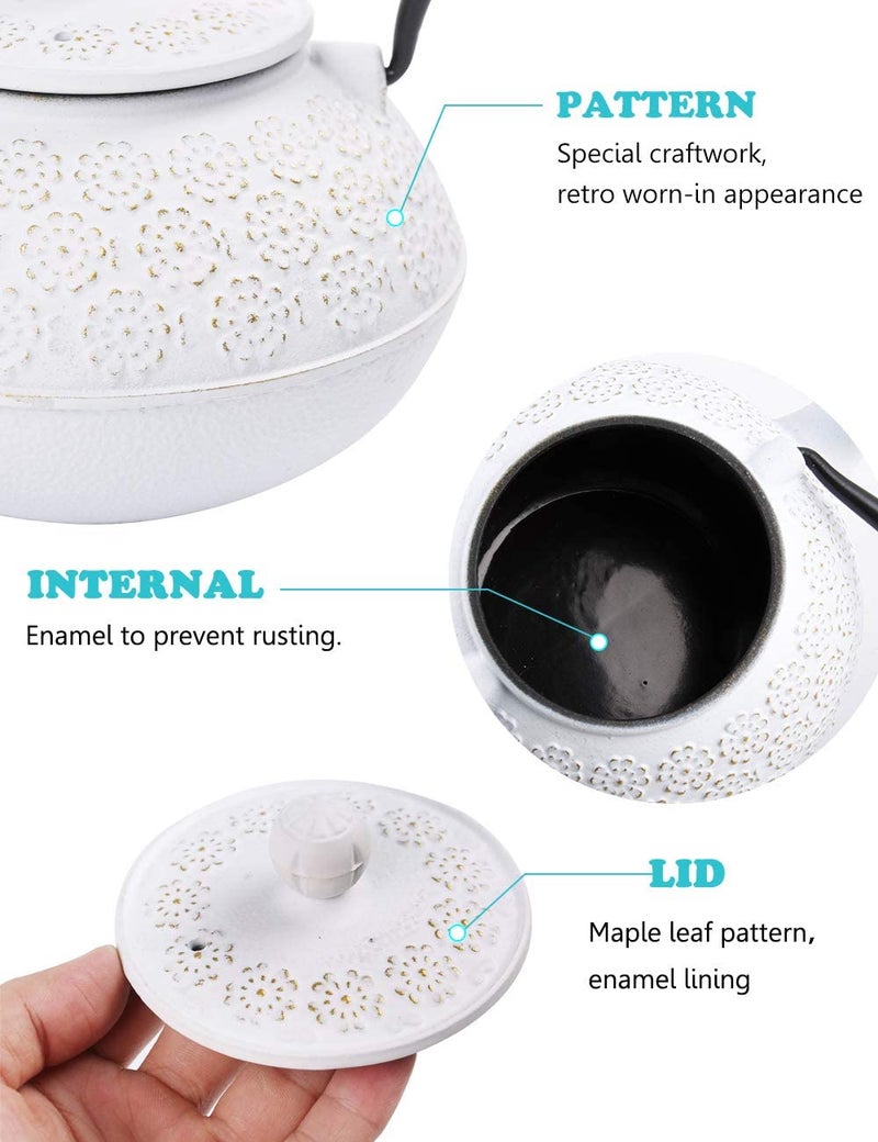 Sotya Cast Iron Teapot, 40oz/1200ml Japanese Tetsubin Tea Pot with Infuser for Loose Leaf and Tea Bags, Tea Kettle Coated with Enameled Interior for Stove Top, White - Image 3